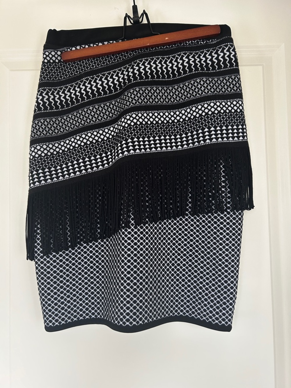 Joseph Ribkoff Black and White Midi Fringe Pencil Skirt